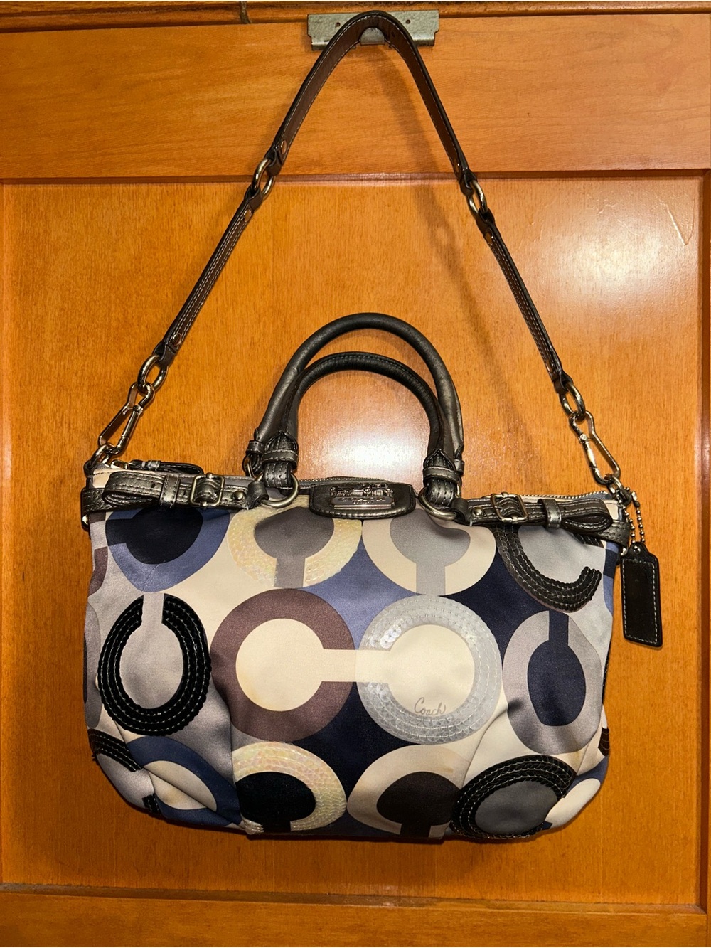Coach Madison Op Art Sequined Bag Sophia Satchel Satin And Leather Purse